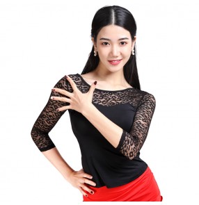 Black with leopard lace sexy patchwork women's male competition professional ballroom tango waltz dancing tops blouses