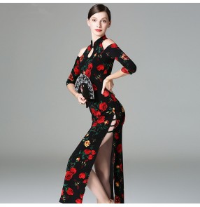 Black with rose flowers vintage women's female girl's competition stage performance latin salsa cha cha dance cheongsam dresses 