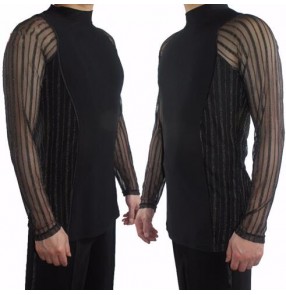 Black with silver sequined striped fashion sexy men's male competition stage performance ballroom latin tango dance tops shirts