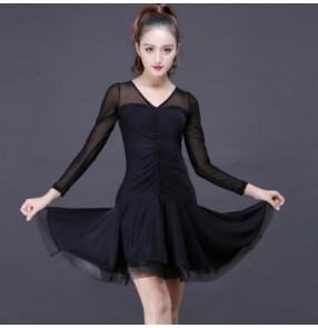 Black women's long sleeves tulle patchwork sexy competition professional fish bone hem skirts latin salsa rumba dance dresses