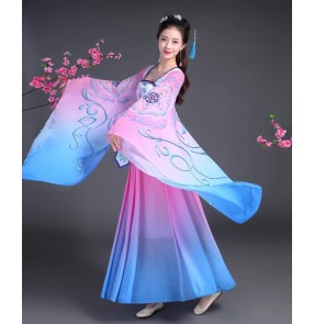Blue pink gradient colored ancient folk dance dresses women's female competition fairy film anime Cosplay kimono dance costumes dresses