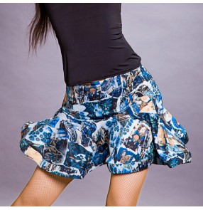 Blue printed women's female competition performance professional latin salsa dance skirts
