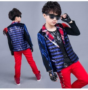 Blue red Children's boys Sequined competition jazz drummer dance costumes dance clothing children hiphop performances of modern children's clothing