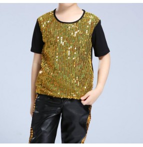 Boy jazz dance tops t shirts Silver gold  fashion hiphop street modern dance tops t shirts