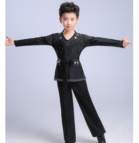 Boy's Ballroom dance tops trousers for kids children competition stage performance diamond black white latin t shirt pants