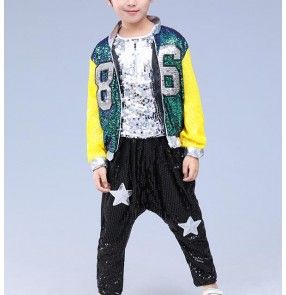 Boy's hiphop dance costumes boy's kids children girl's sequined baseball singers drummer show performance street dance costumes outfits