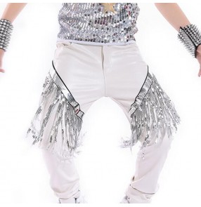 Boy's jazz dance pants hiphop kids children white silver modern leather street dance performance drummer photos cosplay trousers 