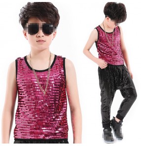 Boy's jazz dance tops fuchsia sequined kids children modern dance hiphop show stage performance competition t shirts vests