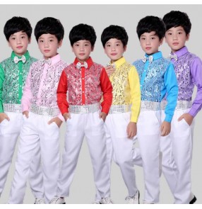 Boy's modern dance White red yellow pink colorful shirt with white pants boy's kids children stage performance jazz singers solo dancing costumes outfits