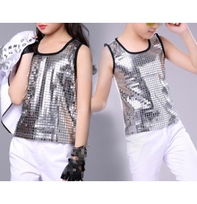 Boy Silver hiphop dance vests boy's kids children girls sequined drummer performance competition jazz singers dancing tops vests