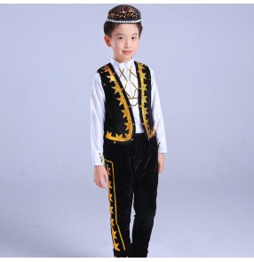 Boys chinese folk dance costumes kids children royal blue black ethnic minority xinjiang Uighur performance dancing tops and pants 