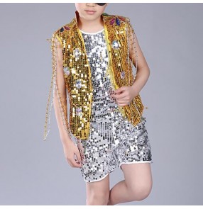 Boys jazz dance costumes gold royal blue paillette modern dance hipop dancers street dance school competition outfits