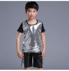 Boys jazz dance costumes silver kids children sequined stage performance drummer hiphop street dance tops and shorts