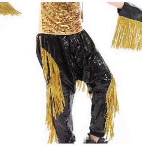 Boys jazz dance pants modern dance hiphop street dancing black gold kids children drummer competition stage performance sequined trousers 