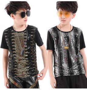 Boys kids jazz hiphop street dance tops school drummer performance competition dancing sequined t shirts tops