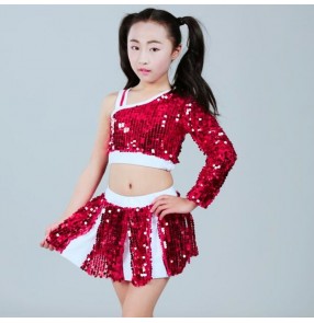 cheerleader hiphop street jazz dance outfits for kids children boys girls blue sequined stage performance school competition dance tops and shorts