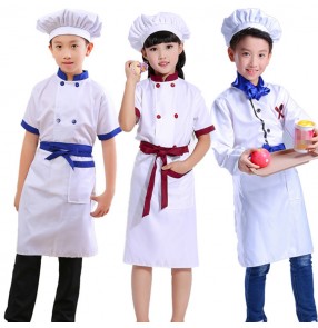 Children Boys girl's Games Chef Uniform Kindergarten Cooking Uniform for Cosplay Party Tops +Apron+Hat Girl Boy Kitchen Work Costume 