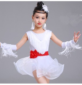 Children fringes latin dresses girls white violet competition stage performance ballroom salsa chacha dance dresses