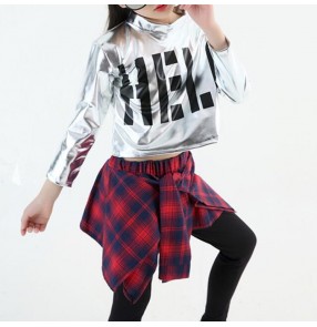 children girl boy hip hop jazz costume modern ballroom dance wear short long sleeve shirt top check pantskirt culottes