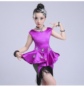 Children latin dance dresses diamond competition stage performance violet green red  rumba chacha salsa dancing dresses