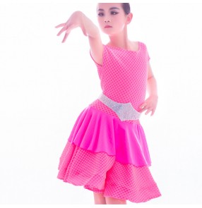 Children latin dance dresses pink neon green performance competition salsa rumba chacha dance dresses