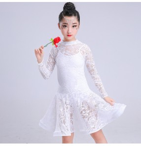 Children latin dress for kids girl red black white lace competition rumba salsa chacha latin ballroom dance dresses