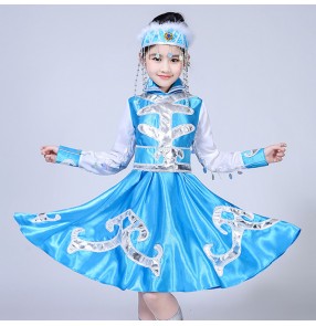 Chinese folk dance costume for girls children Mongolian minority film cosplay performance blue red dance dress robes