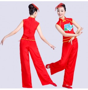 Chinese folk dance costumes for female competition red pink ancient traditional yangko fan dancing costumes dresses