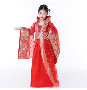 Chinese folk dance costumes for kids children red pink China ancient anime drama girls fairy performance cosplay robes dresses