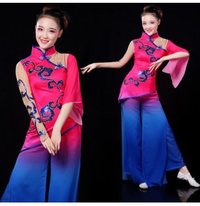 Chinese folk dance dresses women's female fuchsia royal blue competition yangko dance fan fairy classical traditional performance dance costumes