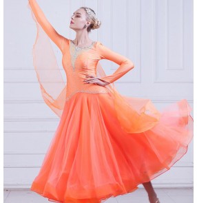 Competition women's  ballroom dancing dresses female lady stage performance hot pink orange stones ballroom tango waltz dancing dresses