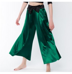 Dark green stretchy satin wide legs fashion women's female competition performance gymnastics latin ballroom dance swing pants