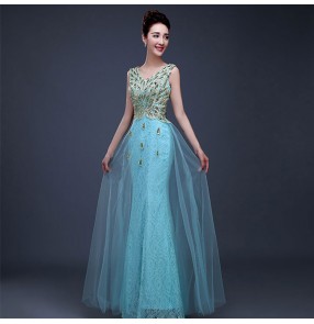 Dark green turquoise red pink peacock sequined fashion sexy women's female wedding party celebration model host performance evening dresses