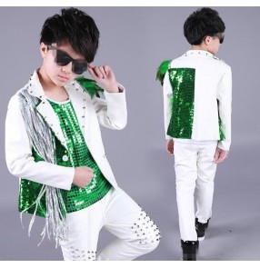 Drummer performance jazz rivet singers ds boy's kids children white and sequined green hiphop school competition modern dance costumes jacket vest pants