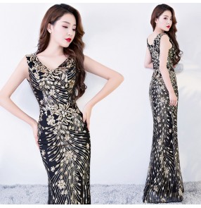 Evening Dress Long Sparkle Black with gold sequined New V-Neck Women female Elegant Sequin Mermaid Maxi Evening Party Gown Dress
