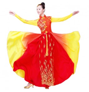 Female Yangko Chinese folk dance dresses women's lady red yellow gradient fan dance traditional classical dance costumes