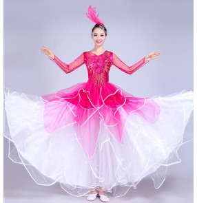  flamenco  Fuchsia white gradient folk dance dresses women's female competition stage performance Spanish folk bull dance ballroom dance dresses