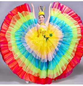 flamenco Rainbow colored  dresses women's female competition modern dance opening dance chorus singers ballroom dresses