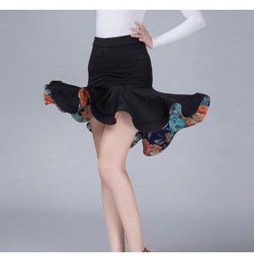 Floral women's latin skirts female competition stage performance salsa rumba dancing ruffles irregular hem skirts