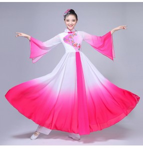 Fuchsia ancient China folk classical dance dresses women's female fairy pink white gradient color fairy yangko traditional fan dancing dresses costumes