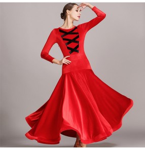 Fuchsia blue red velvet long sleeves women's female competition professional stage performance ballroom tango waltz dance dresses