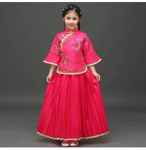 Fuchsia green yellow pink turquoise girl's kids children princess ancient classical traditional chinese folk zither dance costumes dresses