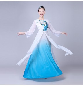 Fuchsia hot pink turquoise women's female fairy drama anime cosplay traditional classical Chinese Folk ancient yangko fan dancing dresses costumes