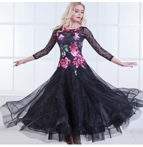 Fuchsia rose flowers printed lace patchwork see through back long sleeves women's competition performance ballroom dacing long dresses