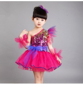 Fuchsia royal blue  Girls child kids child baby paillette sequin one shoulder fashionable latin dance jazz modern stage performance dance dresses costumes