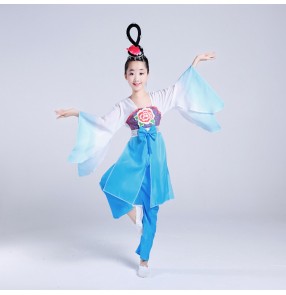 Fuchsia turquoise gradient colored girl's kids children classical traditional fairy Chinese folk fan yangko costumes dresses