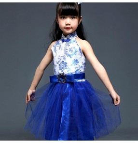 Girl's Chinese ancient folk dance dresses kids children royal blue china traditional cosplay princess show stage performance outfits