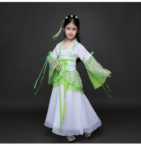 Girl's Chinese folk dance fairy dresses green kids children girls stage performance classical photos anime film cosplay princess dresses robes