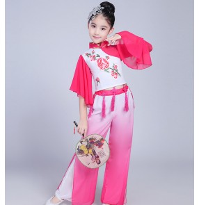 Girl's Chinese traditional folk dance costumes kids children pink blue green yangko fan ancient folk performance dresses