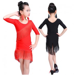 Girl's fringes latin dresses competition gymnastics stage performance black red tassels ballroom salsa latin dresses